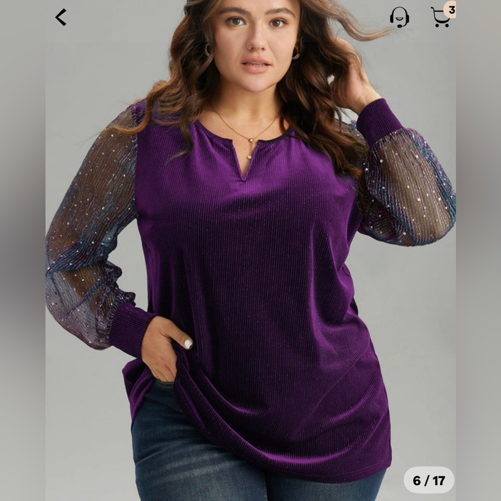 BloomChic Navy Blue Blouse with Sheer Sleeves
